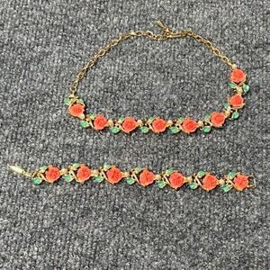 Vintage Rose Choker Necklace Bracelet Set Gold Tone Coral Green Pearl‎ Beads